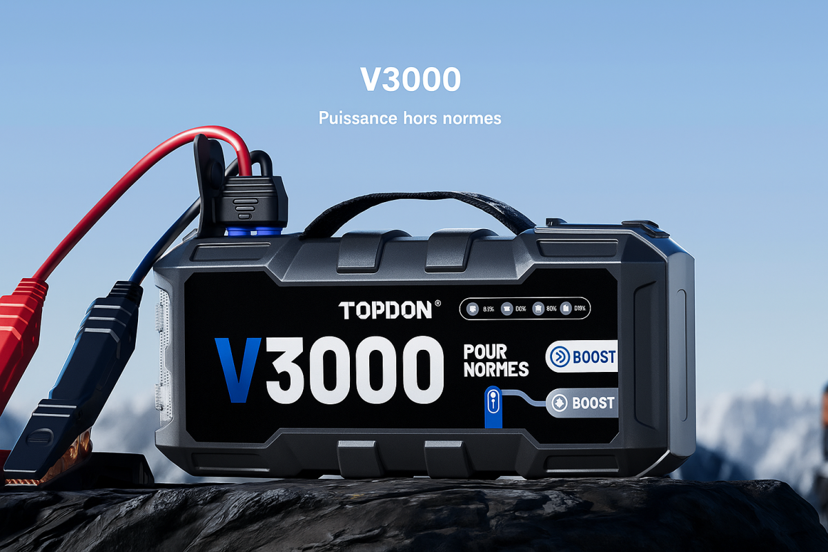 Démarreur portable Topdon V3000 avec câbles pinces, posé sur un rocher, en montagne – vue produit