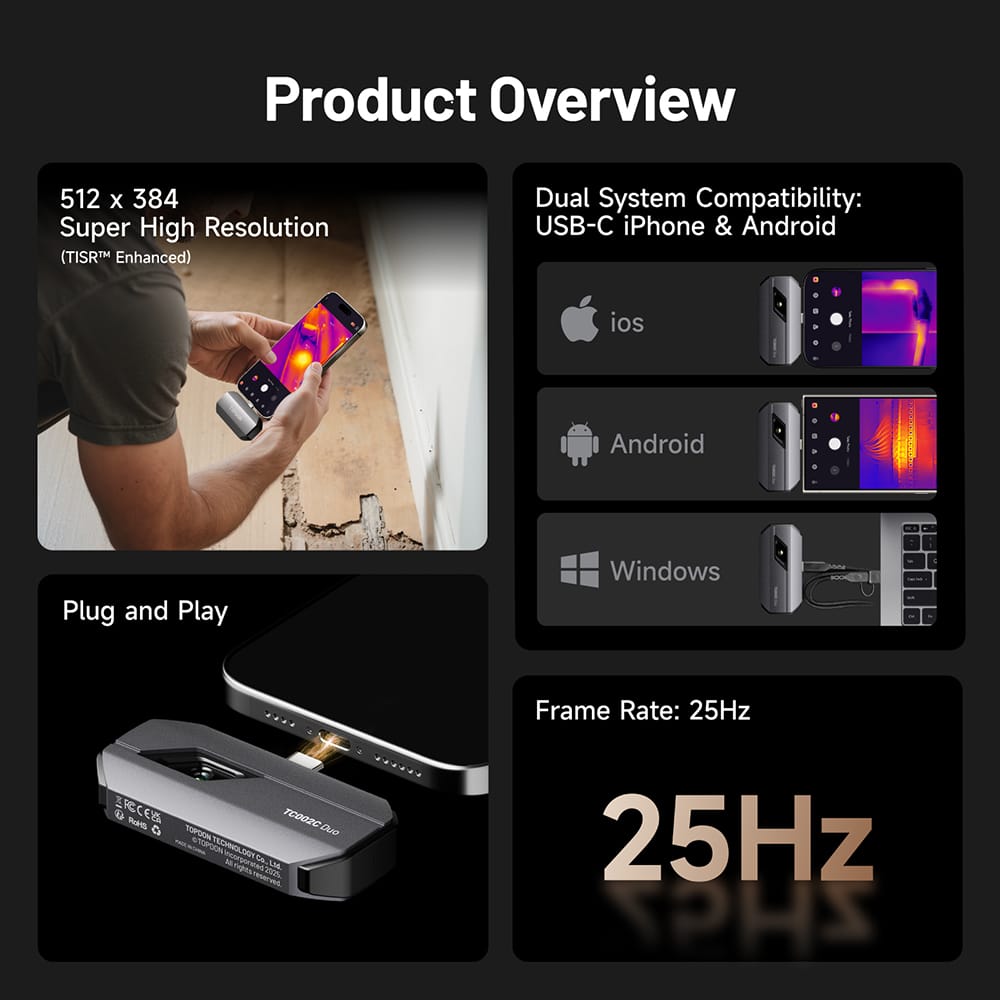 Caméra thermique professionnelle TOPDON TC002C Duo USB-C iOS Android résolution 512x384 TISR diagnostic automobile